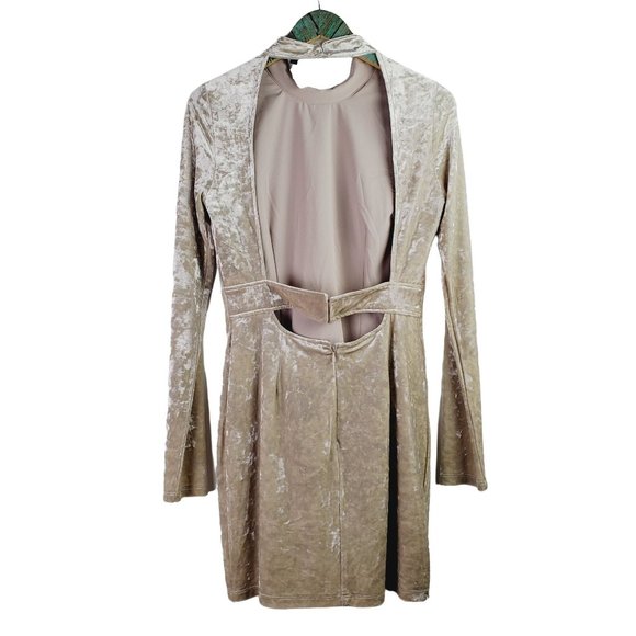 Lulus Oh, Behave! Beige Velvet Bodycon Long Sleeve Dress Crushed Velvet , Sz L - Picture 4 of 12